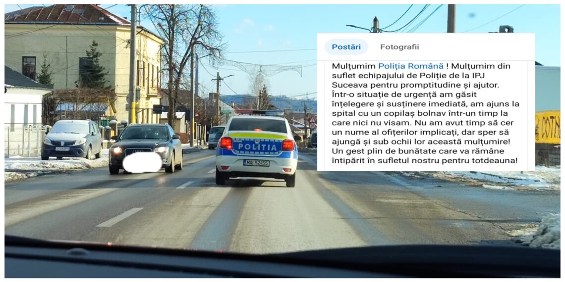 FOTO Părinții unui copil ce avea nevoie să ajungă urgent la spital a fost blocată în traficul rutier din Suceava, din cauza protestelor transportatorilor și agricultorilor. Un echipaj de poliție a escortat familia în regim de urgență către SCJU Suceava