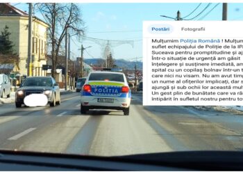 FOTO Părinții unui copil ce avea nevoie să ajungă urgent la spital a fost blocată în traficul rutier din Suceava, din cauza protestelor transportatorilor și agricultorilor. Un echipaj de poliție a escortat familia în regim de urgență către SCJU Suceava