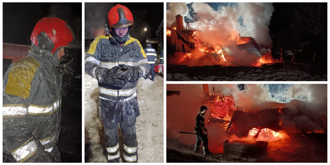 VIDEO O gospodărie din Nisipitu s-a făcut scrum, în urma unui incendiu izbucnit din cauza coșului de fum. Pompierii s-au luptat cu flăcările aproape 8 ore, la -18 grade Celsius