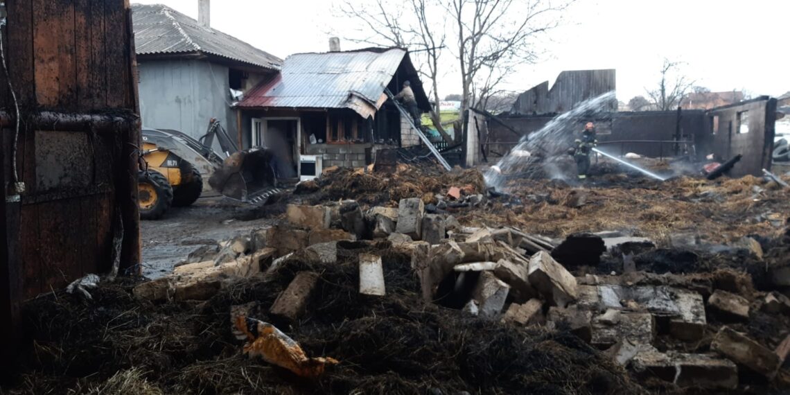 FOTO Incendiu la o gospodărie din comuna Zvoriștea. Un adăpost de animale, 1.000 de baloți de lucernă și 20 de tone de cereale s-au făcut scrum. Opt bovine au murit