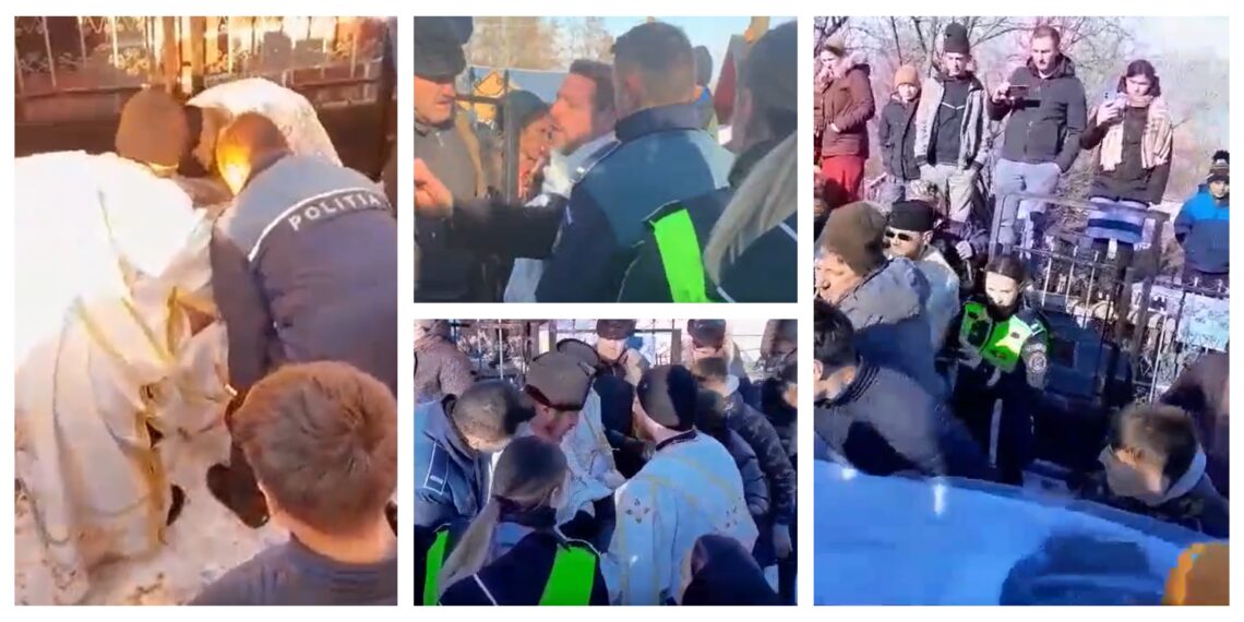 VIDEO Scandal monstru la Gura Solcii, în timpul unei înmormântări. Polițiștii au întocmit un dosar penal pentru împiedicarea exercitării libertății religioase, după ce un preot s-a tolănit prin zăpadă, refuzând să continue ceremonia