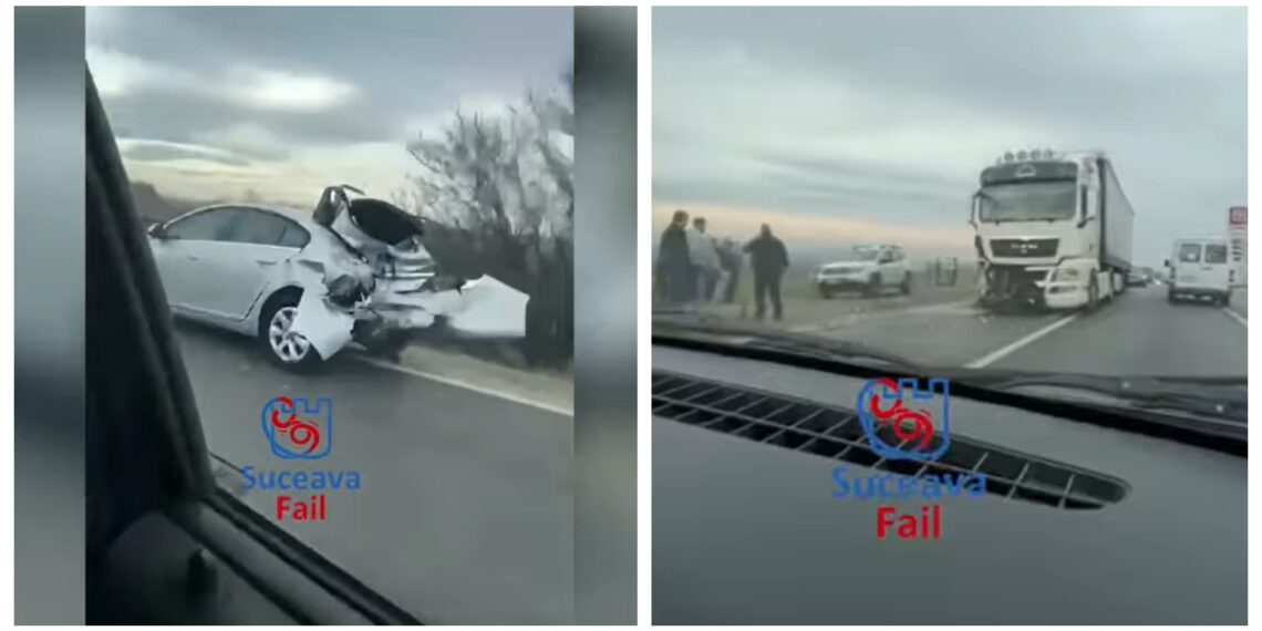 VIDEO Un șofer de camion, care nu a păstrat distanța față de autoturismul din fața sa, a provocat un accident rutier pe raza comunei Grănicești