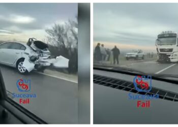 VIDEO Un șofer de camion, care nu a păstrat distanța față de autoturismul din fața sa, a provocat un accident rutier pe raza comunei Grănicești