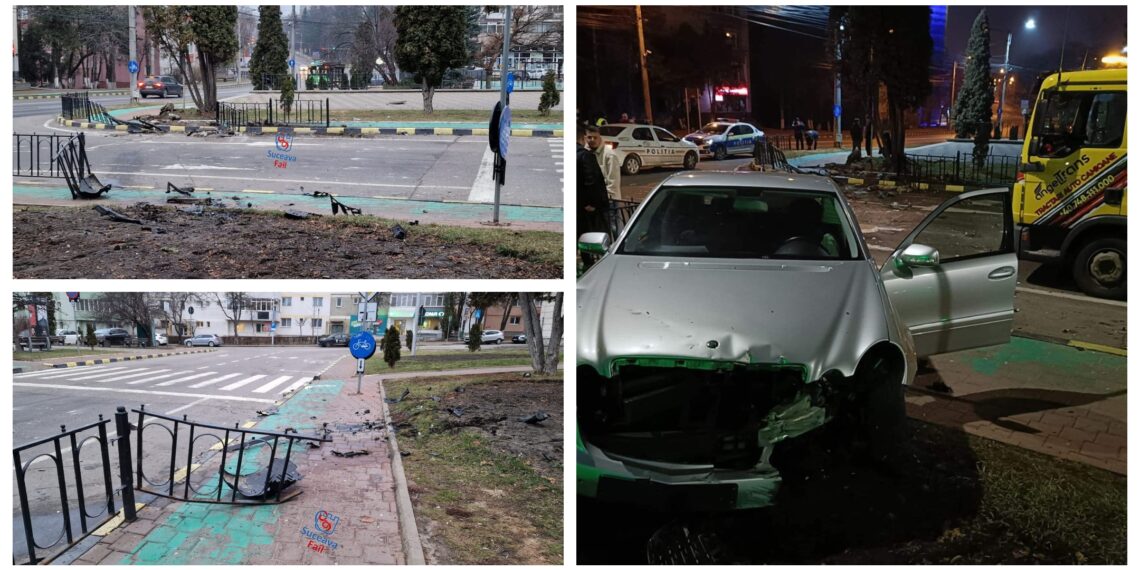 FOTO Un tânăr din Ipotești, rupt de beat, a făcut prăpăd cu un Merțan în fața Policlinicii din Suceava, la 4 dimineața