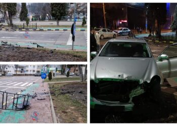 FOTO Un tânăr din Ipotești, rupt de beat, a făcut prăpăd cu un Merțan în fața Policlinicii din Suceava, la 4 dimineața