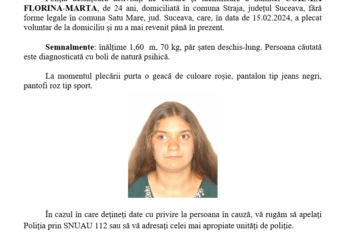 Polițiștii caută o tânără de 24 de ani care a plecat de acasă și nu s-a mai întors. Aceasta este domiciliată în comuna Straja, dar locuiește fără forme legale în comuna Satu Mare