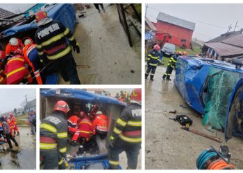 VIDEO Grav accident rutier în satul Oniceni din Forăști. Șase persoane au fost rănite, după ce duba în care se aflau s-a răsturnat într-o curte