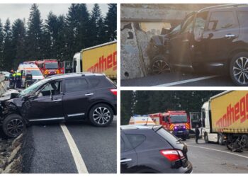 FOTO Coliziune între un autoturism și un autotren, pe raza localității Poiana Stampei. Trei persoane, toate din autoturism, au fost transportate la spital