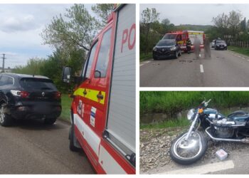 FOTO Accident între o motocicletă și un autoturism, pe raza localității Bunești. Motociclistul a fost transportat la spital
