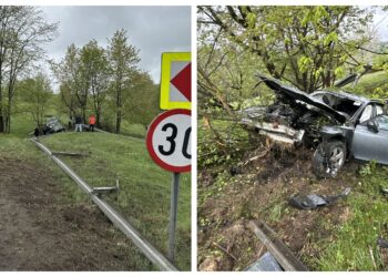 FOTO Trei adulți și doi minori au fost transportați la spital, după ce mașina în care se aflau a ieșit în afara drumului, între localitățile Cacica și Vârfu Dealului