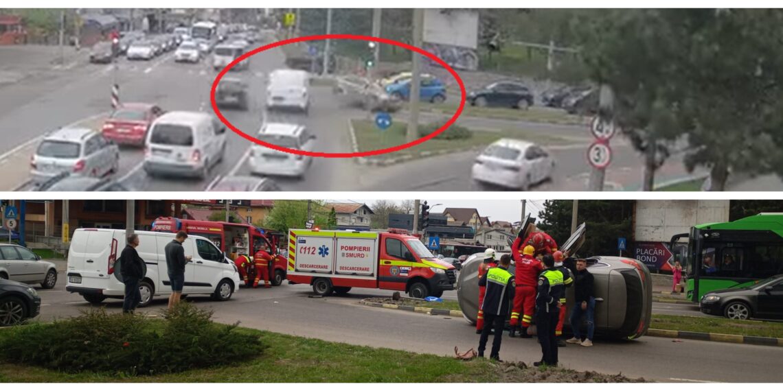 VIDEO Detalii privind accidentul rutier din intersecția de la Lidl (Obcini). Șoferița care s-a răsturnat cu BMW-ul, după ce a trecut pe culoarea roșie a semaforului, a fost transportată la spital 