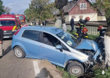 FOTO Un bărbat a ajuns la spital, după ce s-a izbit cu mașina într-un copac de pe marginea unui drum din Marginea