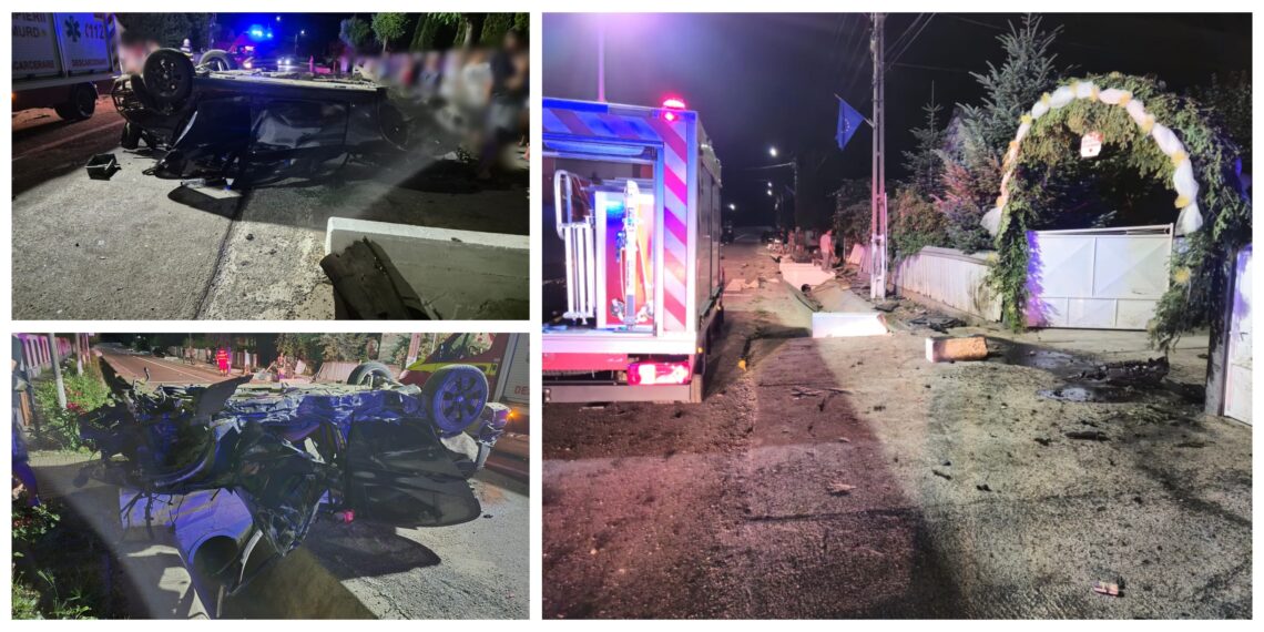 FOTO Un tânăr a făcut prăpăd cu BMW-ul pe raza comunei Dumbrăveni. Deși mașina s-a rostogolit de mai multe ori, persoanele din interior au scăpat miraculos doar cu câteva zgârieturi