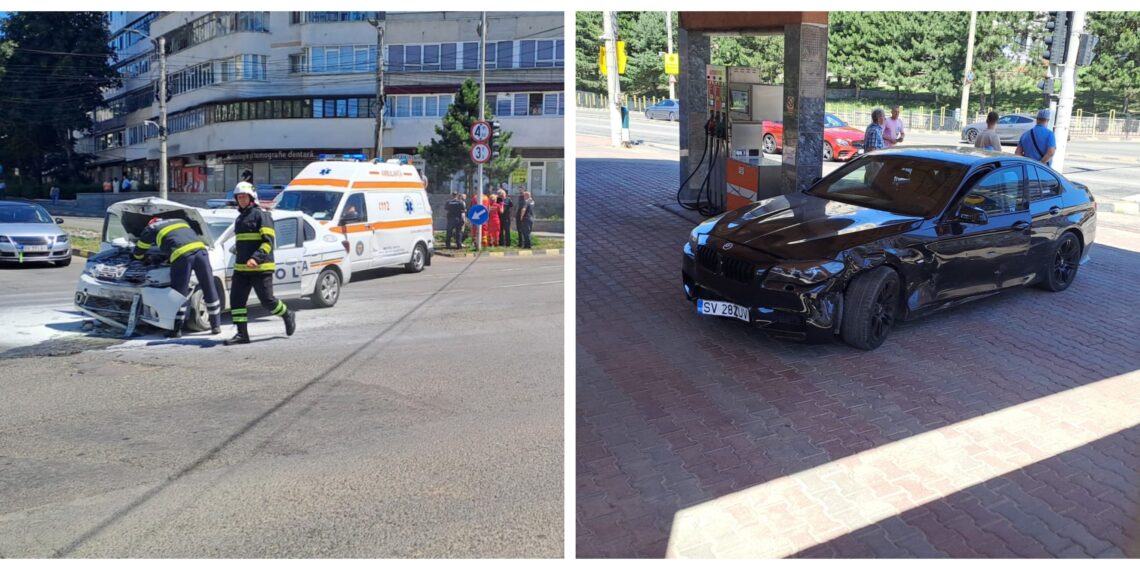 VIDEO Incendiu la o mașină de poliție aflată în misiune, după ce o șoferiță s-a izbit cu BMW-ul în autospecială, în intersecția Bulevardul George Enescu – Calea Obcinilor
