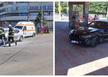 VIDEO Incendiu la o mașină de poliție aflată în misiune, după ce o șoferiță s-a izbit cu BMW-ul în autospecială, în intersecția Bulevardul George Enescu – Calea Obcinilor