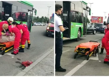 FOTO Un autobuz TPL a lovit o tânără care traversa regulamentar o stradă din parcarea Iulius Mall Suceava. Victima a ajuns la spital cu răni la față, genunchi și șoldul drept