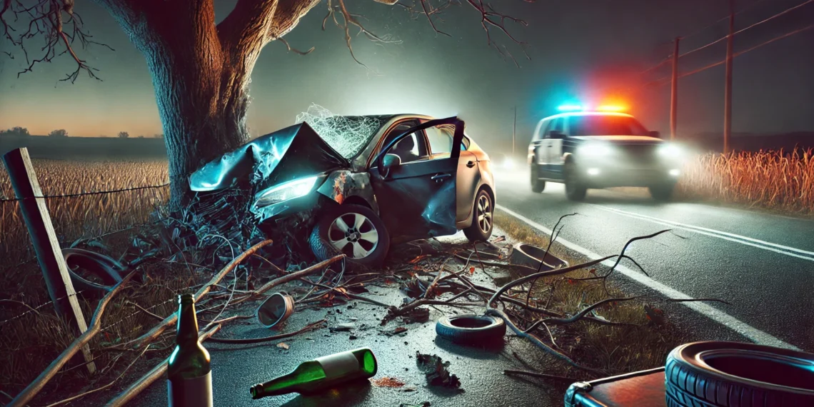 Un tânăr beat s-a oprit cu mașina într-un copac de pe raza comunei Mălini