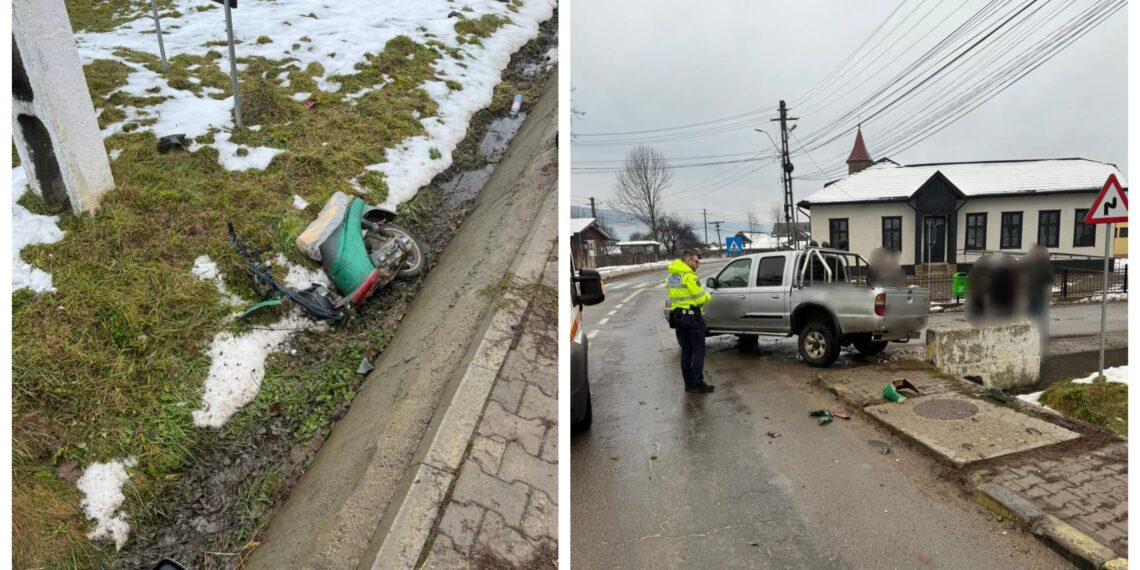 FOTO Un mopedist fără permis și-a găsit sfârșitul în Vatra Moldoviței după ce nu a acordat prioritate unei mașini. Pe moped se afla și un pasager