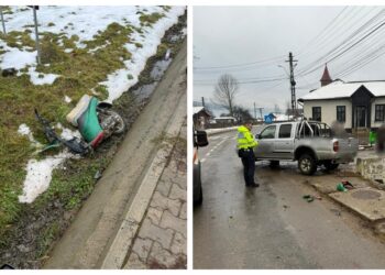 FOTO Un mopedist fără permis și-a găsit sfârșitul în Vatra Moldoviței după ce nu a acordat prioritate unei mașini. Pe moped se afla și un pasager