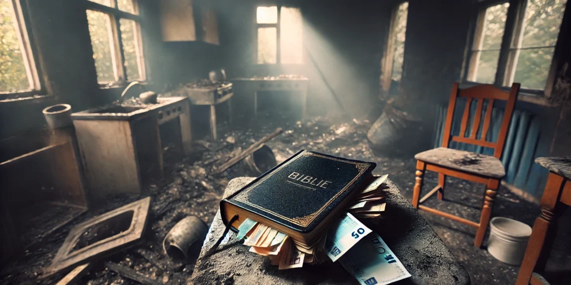 O Biblie cu 13.000 de lei ascunși între pagini a scăpat miraculos dintr-un incendiu care a mistuit complet o bucătărie din Preutești