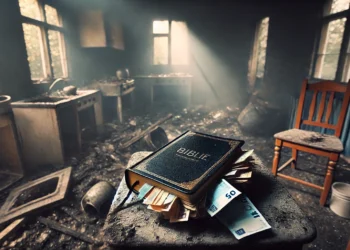 O Biblie cu 13.000 de lei ascunși între pagini a scăpat miraculos dintr-un incendiu care a mistuit complet o bucătărie din Preutești