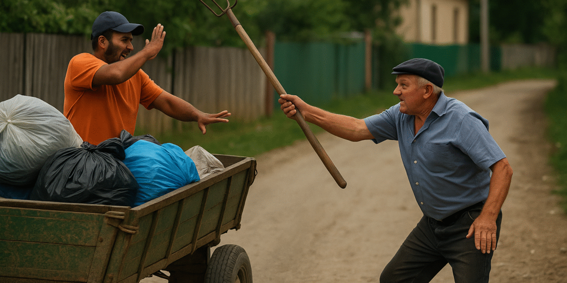 Un vicovean a scăpat basma curată după ce a bătut un asistat social cu o furcă pentru că a refuzat să-i ia sacii cu pietre și moloz: „Crucea mă-tii de ţ****, te omor”