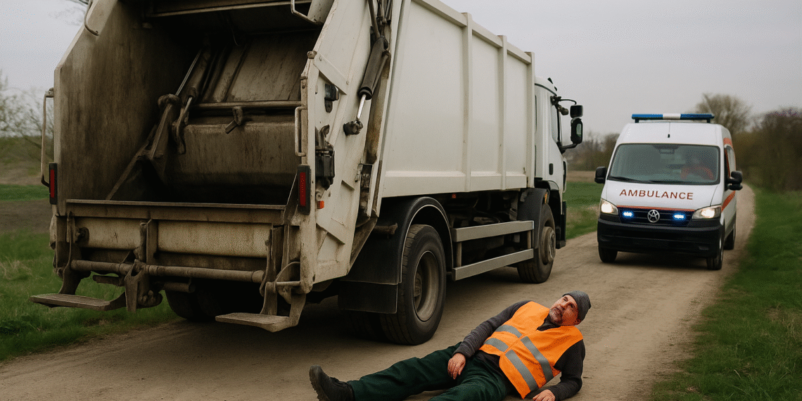 Angajatul unei firme de salubrizare a ajuns la spital după ce a căzut de pe scara din spate a unei mașini de gunoi, în timpul unei manevre de mers înapoi, în comuna Moara