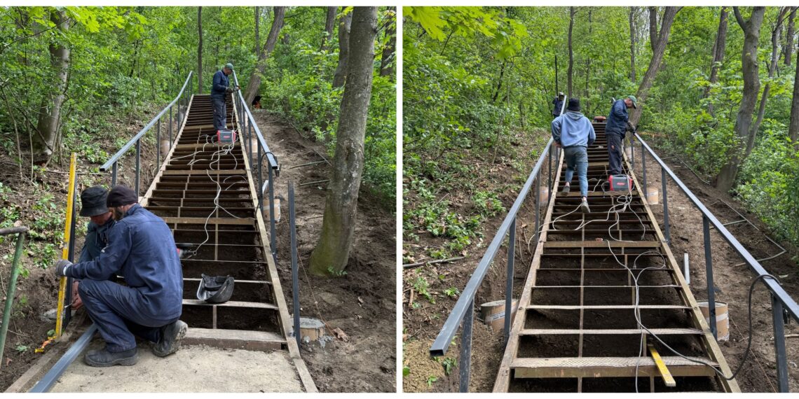 Scările din Parcul Șipote, în plin proces de reparații. Primăria Suceava vrea să termine lucrările până la 1 Mai