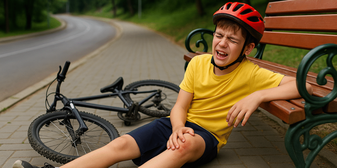 Copil de 14 ani ajuns la spital după ce a căzut cu bicicleta pe strada Parcului din Suceava, din cauza neatenției și a configurației trotuarului