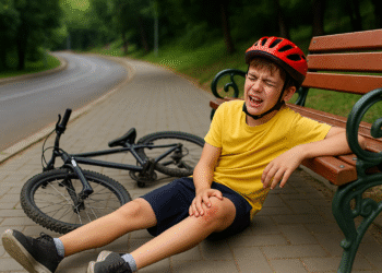 Copil de 14 ani ajuns la spital după ce a căzut cu bicicleta pe strada Parcului din Suceava, din cauza neatenției și a configurației trotuarului