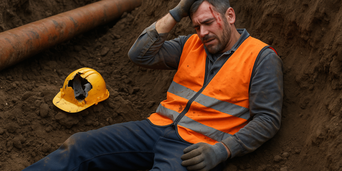 Muncitor prins sub un mal de pământ în Câmpulung Moldovenesc, în timp ce înlocuia țevi de canalizare. Casca i-a fost distrusă, dar a scăpat cu viață