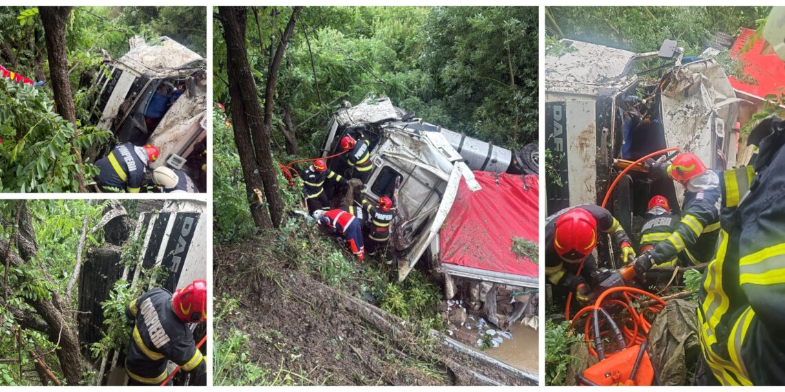 Un ucrainean s-a răsturnat cu camionul în pârâul Măriței. Transporta detergenți de rufe și degresanți de bucătărie din Ucraina spre Suceava