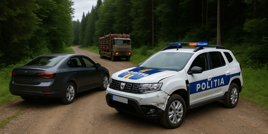 Intimidare în stil mafiot sau doar pură prostie? Mașină de poliție lovită de tovarășul fratelui unui individ prins transportând ilegal material lemnos. Polițiștii păzeau camionul indisponibilizat