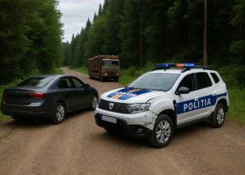 Intimidare în stil mafiot sau doar pură prostie? Mașină de poliție lovită de tovarășul fratelui unui individ prins transportând ilegal material lemnos. Polițiștii păzeau camionul indisponibilizat