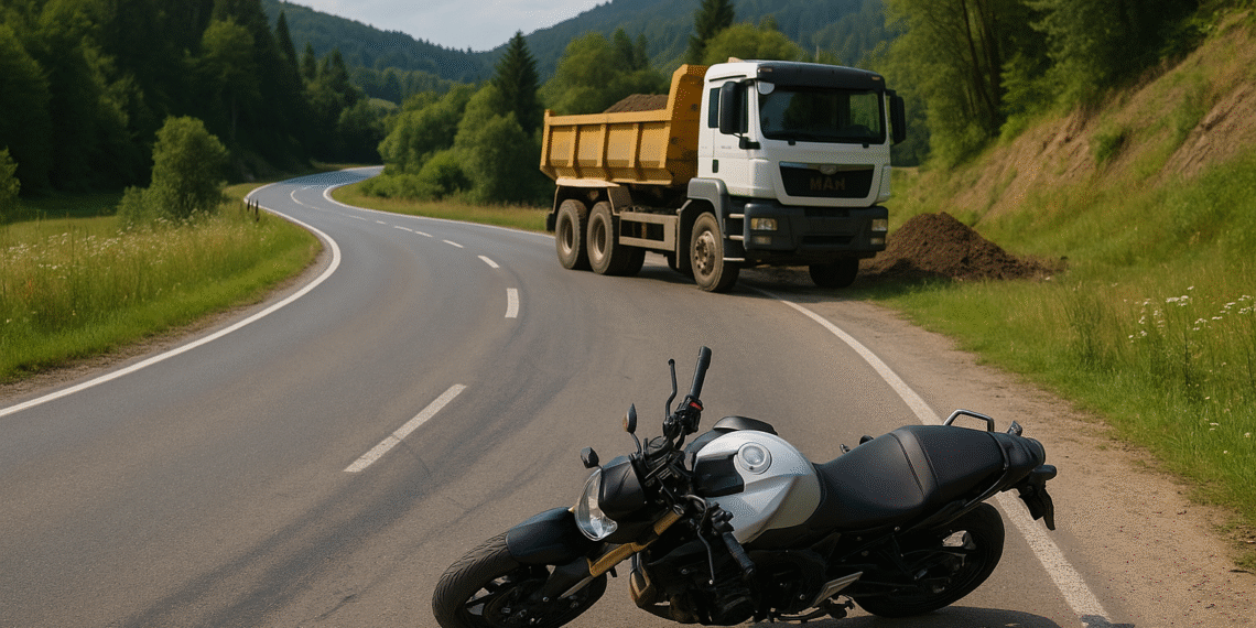 Motociclist rănit după ce a încercat să evite o autoutilitară oprită neregulamentar. Șoferul a mutat camionul după ce a văzut motociclistul pe asfalt