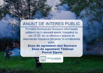 Dezinsecție masivă împotriva țânțarilor în Suceava, în această seară de la ora 22.00. Sunt vizate: Parcul Șipote și zonele de agrement de pe malul râului Suceava și Tătărași