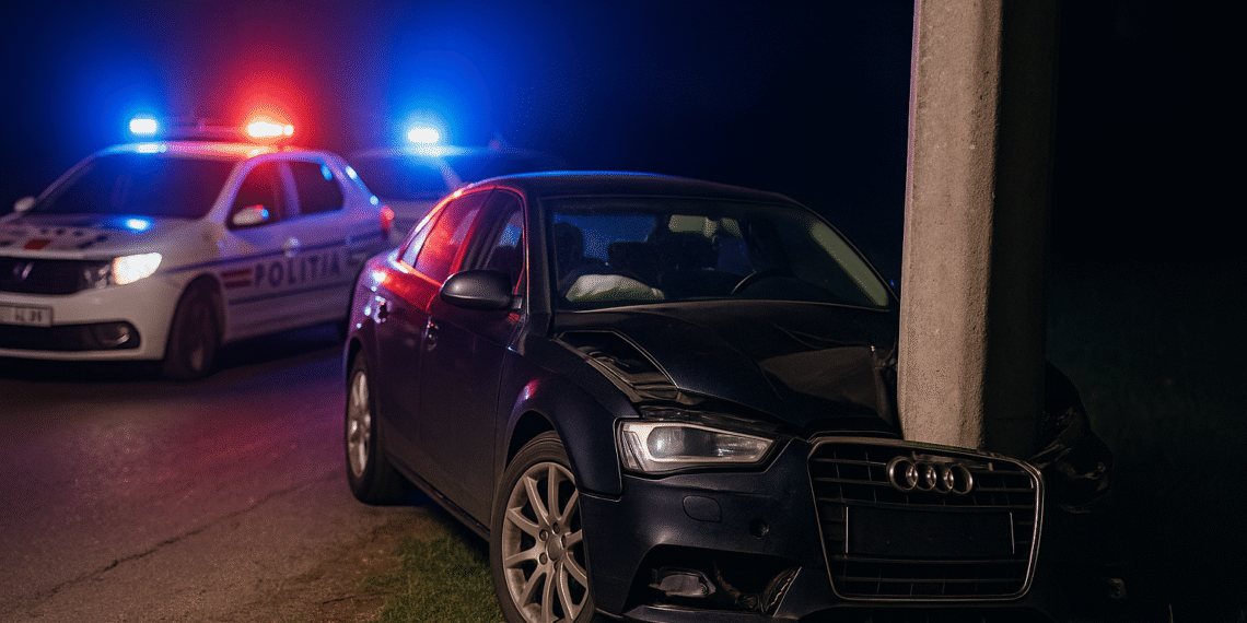 Urmărire de noapte, cu finish într-un stâlp la Vicovu de Sus. Cu 1,49 mg/l alcool pur în aerul expirat, un șofer pericol public a crezut că scapă de polițiști apăsând accelerația