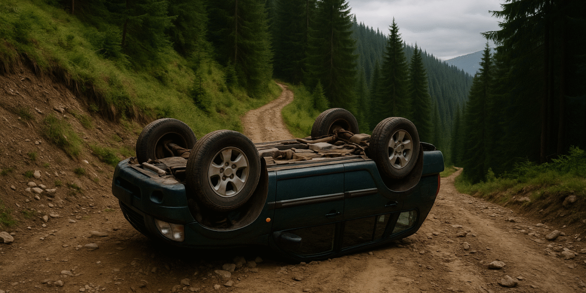 Accident pe un drum forestier din comuna Crucea. Doi bărbați s-au răsturnat cu mașina în timp ce căutau ciuperci