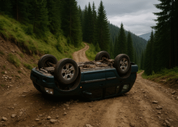 Accident pe un drum forestier din comuna Crucea. Doi bărbați s-au răsturnat cu mașina în timp ce căutau ciuperci