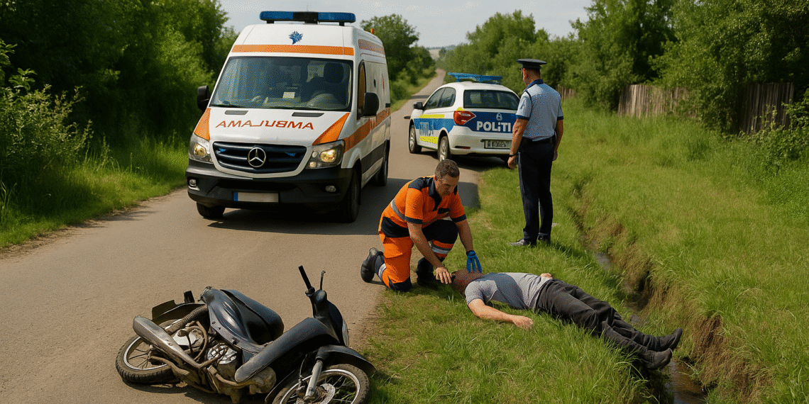 Un bărbat din Dolhasca, fără permis, a ajuns la spital după ce a intrat cu mopedul fără numere într-un șanț