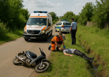 Un bărbat din Dolhasca, fără permis, a ajuns la spital după ce a intrat cu mopedul fără numere într-un șanț