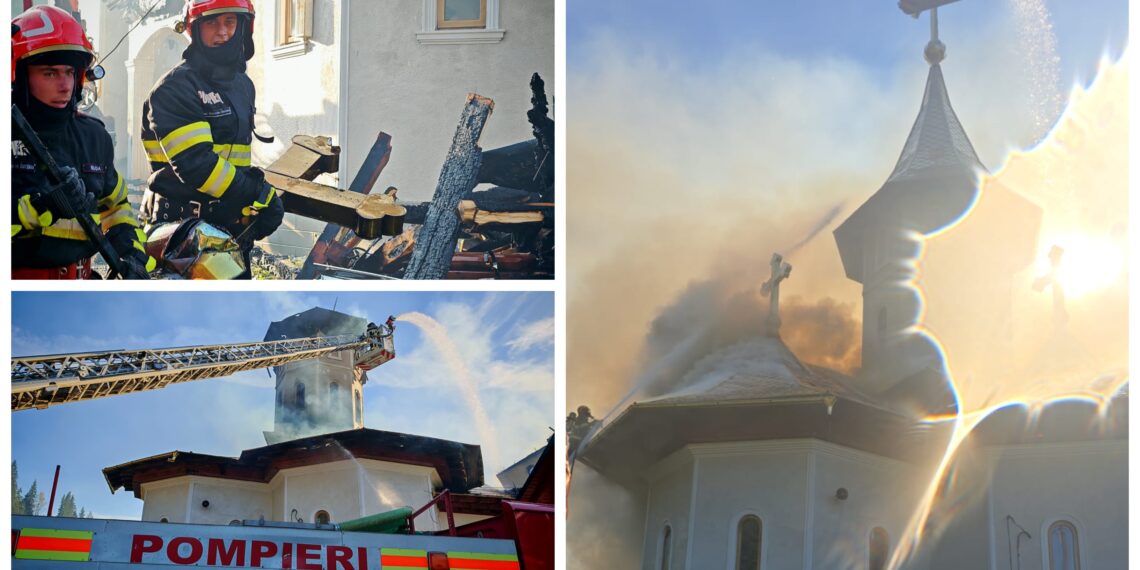Acoperișul și turlele bisericii din Botuș, distruse de flăcări. Pompierii au intervenit cu nouă autospeciale