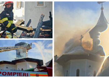 Acoperișul și turlele bisericii din Botuș, distruse de flăcări. Pompierii au intervenit cu nouă autospeciale