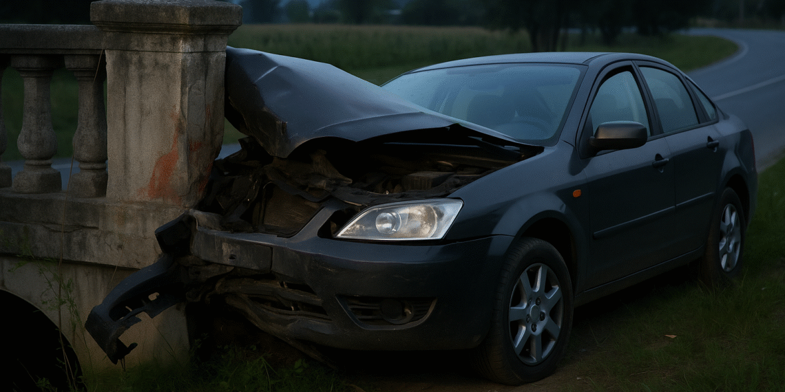 Bătrânețe fără minte. Un șofer de 67 de ani susține că a băut 200 ml de alcool dimineața și s-a trezit seara cu 1,32 mg/l alcool pur în aerul expirat și cu mașina înfiptă într-un cap de pod din Arbore