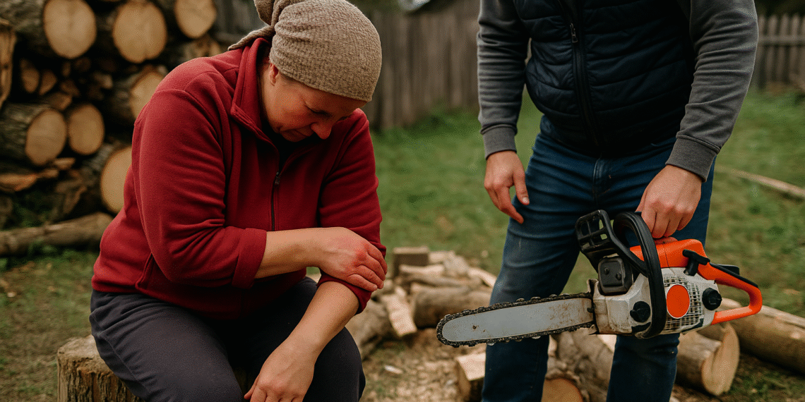 Femeie din Păltinoasa, rănită cu o drujbă, în timp ce vecinul îi tăia lemnele