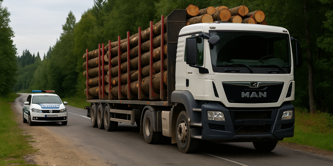 TIR încărcat cu lemn fără acte, descoperit la Slătioara. Polițiștii au indisponibilizat camionul și au confiscat peste 12 metri cubi de material lemnos