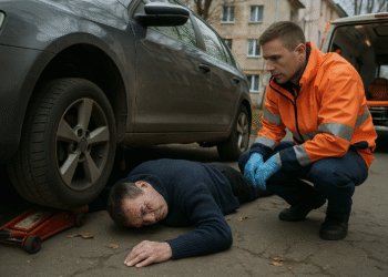 Mașină căzută peste un bărbat în Rădăuți după ce cricul a cedat. Victima a suferit o contuzie la frunte