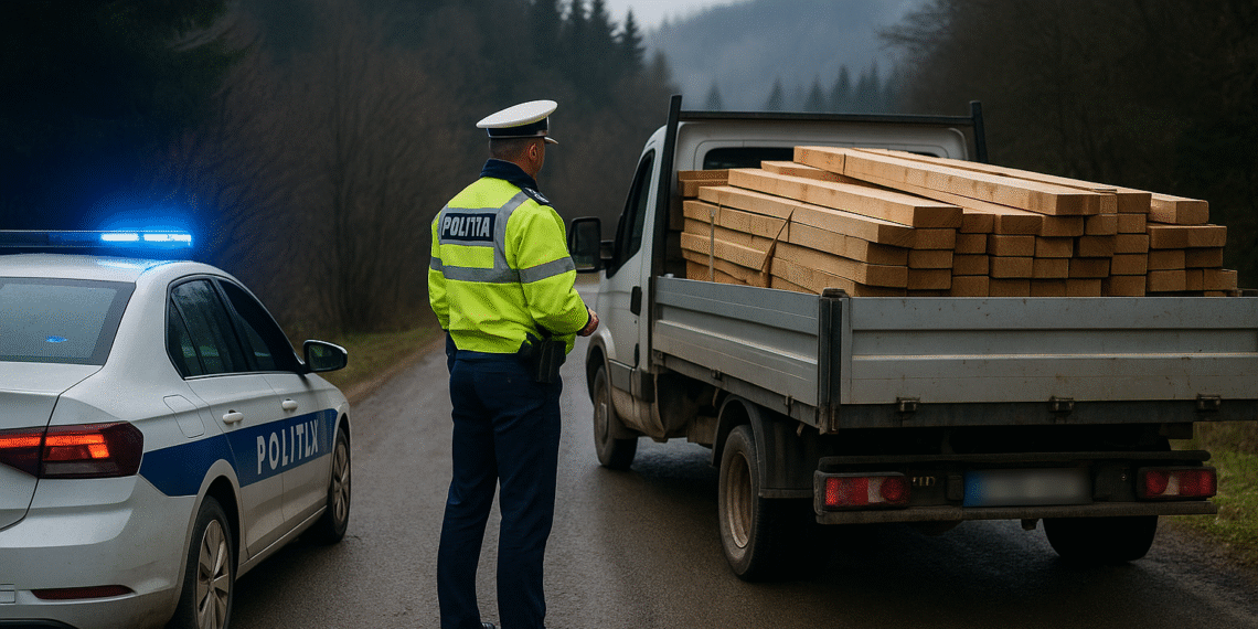 Șofer amendat cu 2.000 de lei pentru că transporta cherestea fără acte. Polițiștii au confiscat încărcătura
