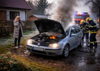 Autoturism cuprins de flăcări după ce proprietara l-a pornit dimineața pentru dezaburirea parbrizului. Pompierii au intervenit la Bădeuți