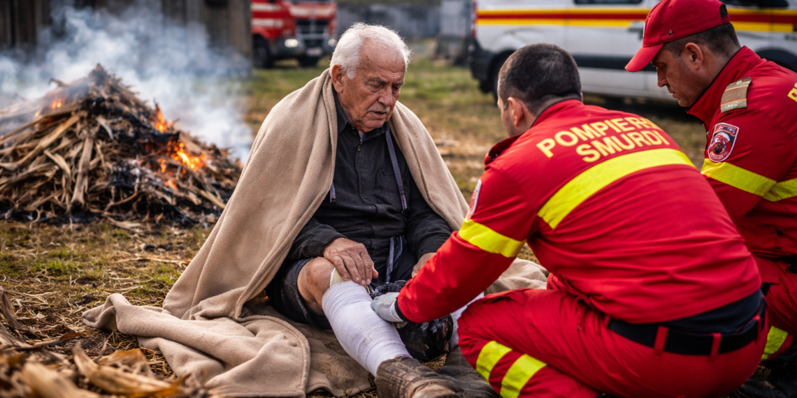 La un pas de tragedie. Un bătrân de 94 de ani a luat foc în timp ce ardea strujeni